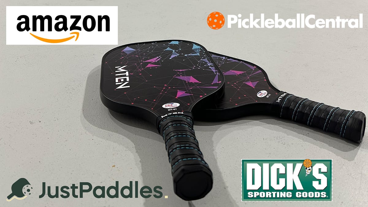 A cover image for Where to buy pickleballl paddles with the logo of the stores and two MTen paddles