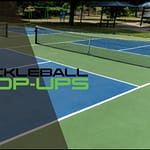 Pickleball Pop-Ups logo with a court and a net in the background.