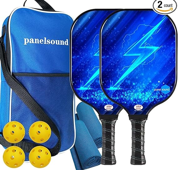 The Blue lightning Panel Sound Pickleball Paddle Set of 2, Lightweight Pickleball Rackets Set, 1 Carrying Case, 2 Cooling Towels & 4 Balls