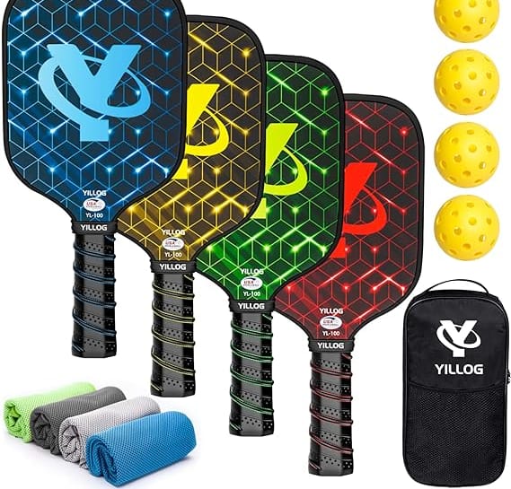 YILLOG Pickleball Paddle Set of 4 multi-colored paddles, 4 Pickleball Balls, 4 Cooling Towels, Pickleball Bag