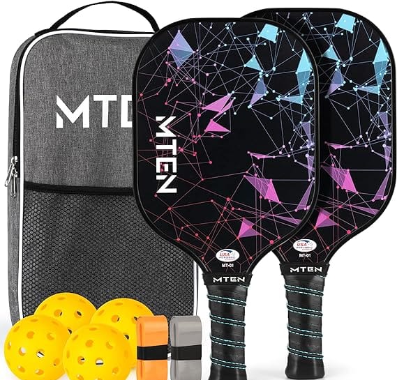 MTEN Pickleball Set - Two MTEN Pickleball Paddles, 4 Pickleballs, two paddle grips and a Pickleball carry bag