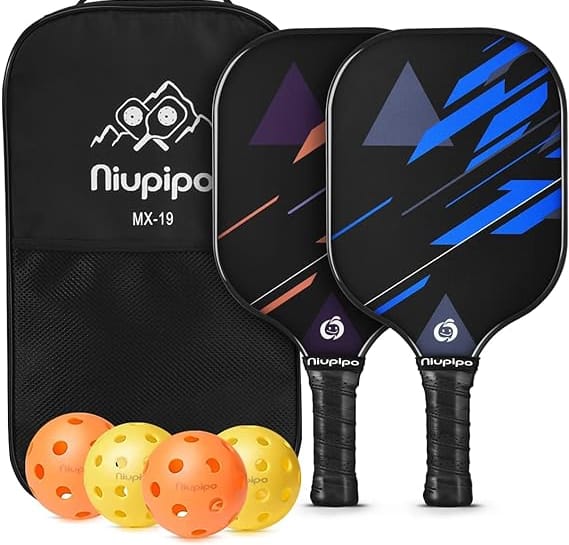 Niupipo Pickleball paddle set - 2 multi-colored paddles, 4 balls, a bag and 2 tape grips