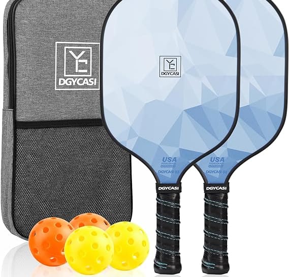 YC DGYCASI Pickleball Paddle Set - 2 blue paddles, a carry bag and 4 pickleballs