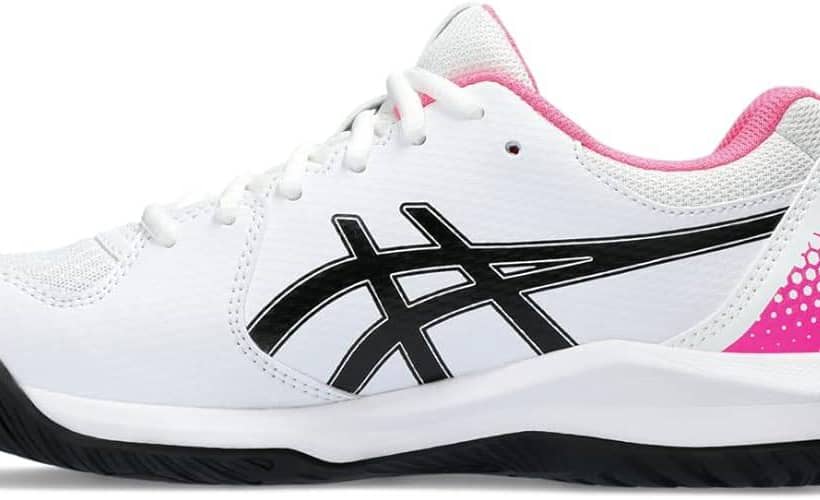 White and pink Asics Gel Dedicate 8 pickleball shoes for women.