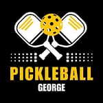 Pickleball George south africa logo with a black background, two white paddles and a yellow outdoor ball.