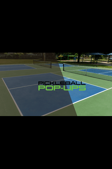 Pickleball Pop-Ups logo with a court and a net in the background.