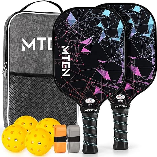 MTEN Pickleball Set - Two MTEN Pickleball Paddles, 4 Pickleballs, two paddle grips and a Pickleball carry bag