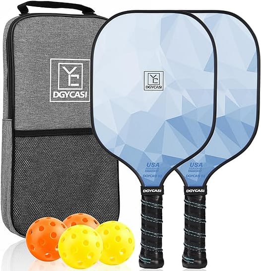 YC DGYCASI Pickleball Paddle Set - 2 blue paddles, a carry bag and 4 pickleballs