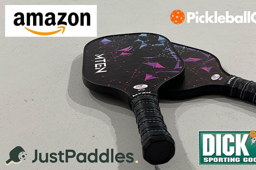 A cover image for Where to buy pickleballl paddles with the logo of the stores and two MTen paddles