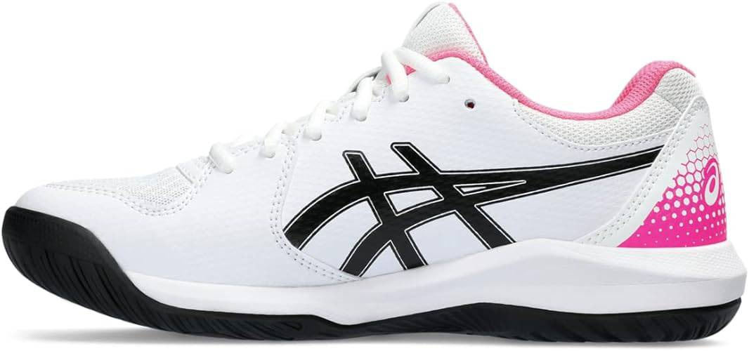 White and pink Asics Gel Dedicate 8 pickleball shoes for women.