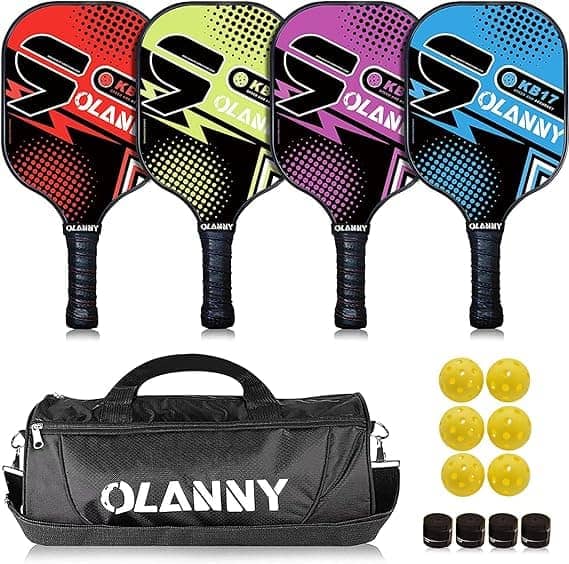 OLANNY Pickleball Set - 4 Multi-colored paddles, 6 Pickleballs, 4 towels and a Pickleball carry bag