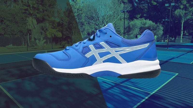 who makes the best pickleball shoes. Asics shoes in with a blue court in the background.