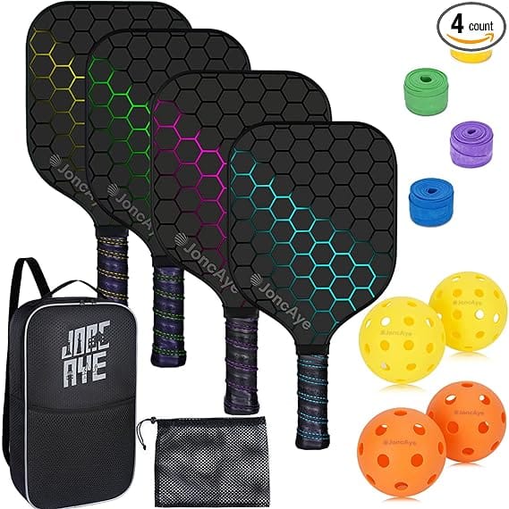 JoncAye Pickleball Paddles Set - 4 paddles, 3 towels, 4 pickleballs and a Pickleball bag